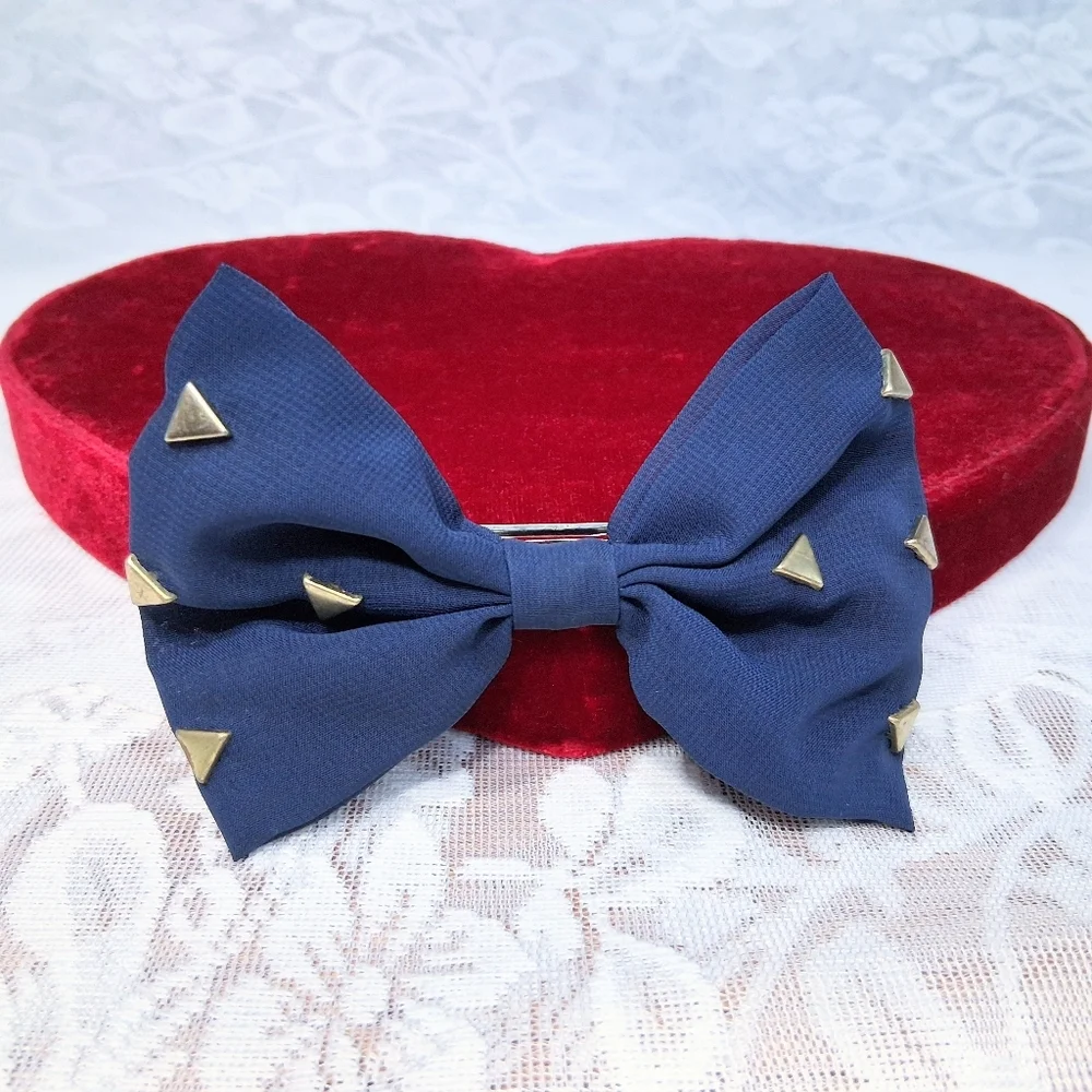Fabric Bow Barrette French Clip Navy Blue With Brass Studs - Picture 11 of 11
